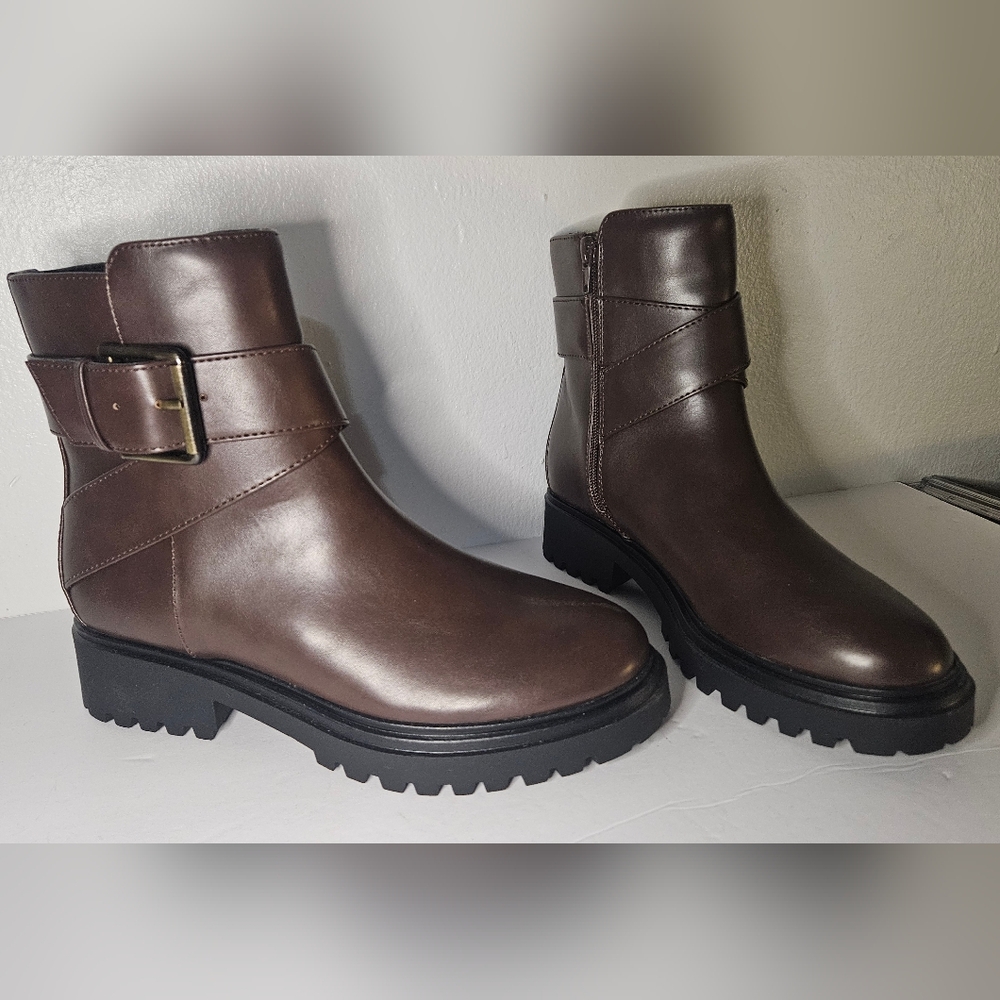 Unisa Unjezzo-R Brown Moto Ankle Boots zipper Lug Sole Buckle Strap size 7 m